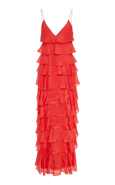 Shop J Mendel Sleeveless V Neck Ruffle Tiered Gown In Orange