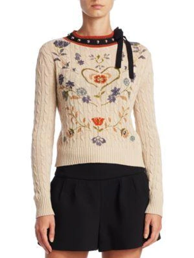 Shop Red Valentino Heart Print Cable-knit Sweater In Sand