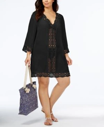 Shop La Blanca Plus Size Crochet-trim Cover-up Dress Women's Swimsuit In Black