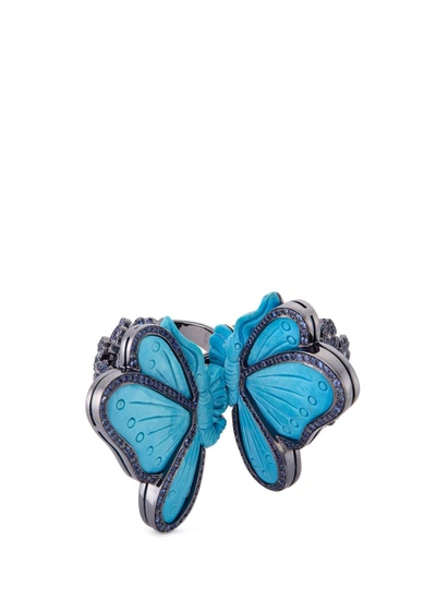 Shop Lydia Courteille Diamond Sapphire Turquoise 18k Gold Butterfly Two Finger Ring In Metallic
