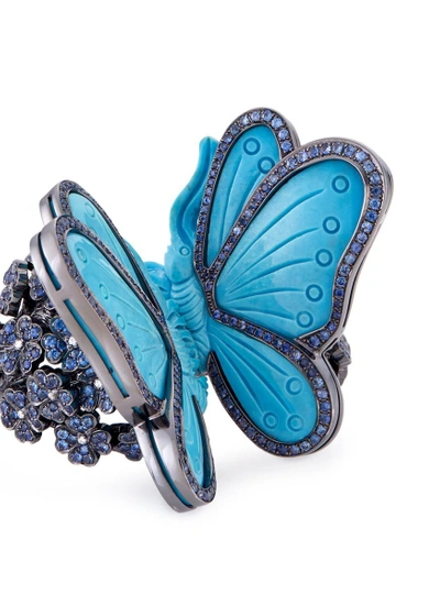 Shop Lydia Courteille Diamond Sapphire Turquoise 18k Gold Butterfly Two Finger Ring In Metallic