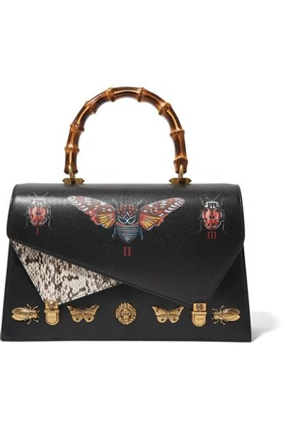 Shop Gucci Ottilia Large Embellished Elaphe-paneled Printed Leather Tote In Black