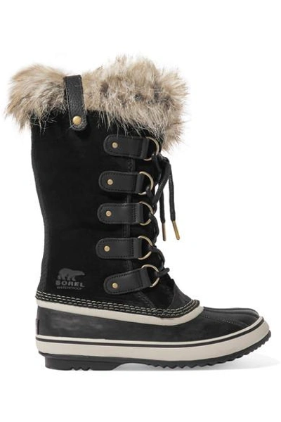 Shop Sorel Joan Of Arctic Faux Fur-trimmed Waterproof Suede And Rubber Boots In Black