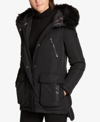 Shop Dkny Faux-fur-trim Quilted-back Puffer Coat In Black