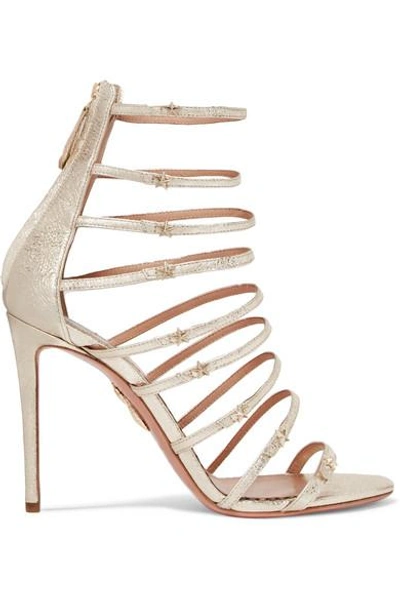 Shop Aquazzura Claudia Schiffer Star Embellished Metallic Textured-leather Sandals In Gold