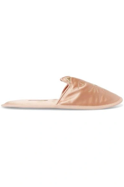Shop Charlotte Olympia House Cats Embroidered Satin Slippers In Blush