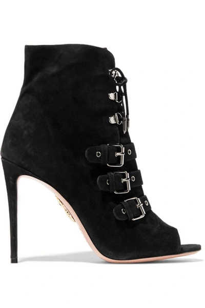 Shop Aquazzura Claudia Schiffer Vendome Buckled Suede Ankle Boots In Black