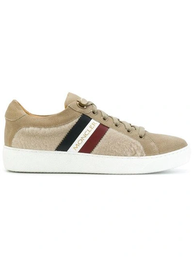 Shop Moncler Shearling Paneled Sneakers In Neutrals