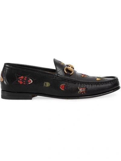 Shop Gucci Embroidered Horsebit Loafers In Black