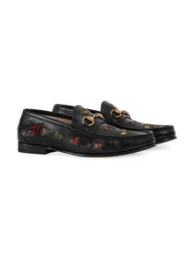 Shop Gucci Embroidered Horsebit Loafers In Black