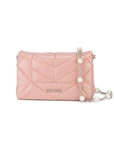 Shop Miu Miu Mini Pink Quilted Leather Pearl Strap Bag