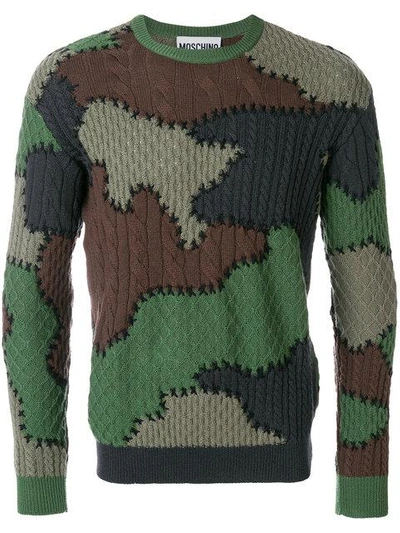 Shop Moschino Camouflage Cable Knit Sweater