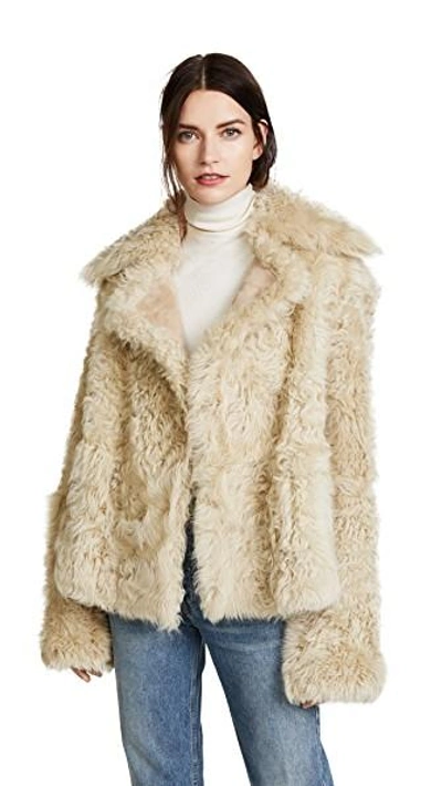 Shop Theory Reversible Shearling Peacoat In Light Fawn