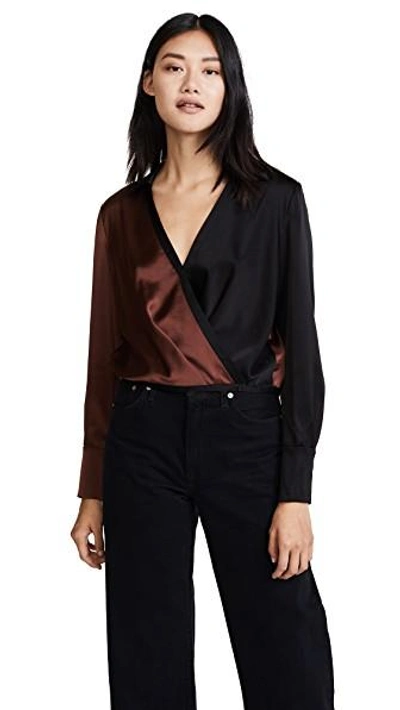 Shop Diane Von Furstenberg Long Sleeve Collared Cross Over Blouse In Chestnut/black