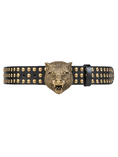 Shop Gucci Black Studded Tiger Head Belt