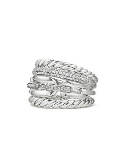 Shop David Yurman Wellesley Link Four-row Ring With Diamonds/16.5mm In Silver