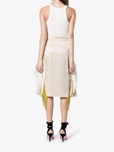 Shop Prada Feather Embellished Beaded Skirt In Beige