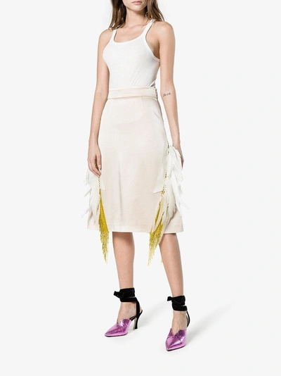 Shop Prada Feather Embellished Beaded Skirt In Beige