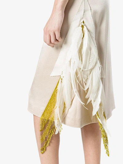 Shop Prada Feather Embellished Beaded Skirt In Beige