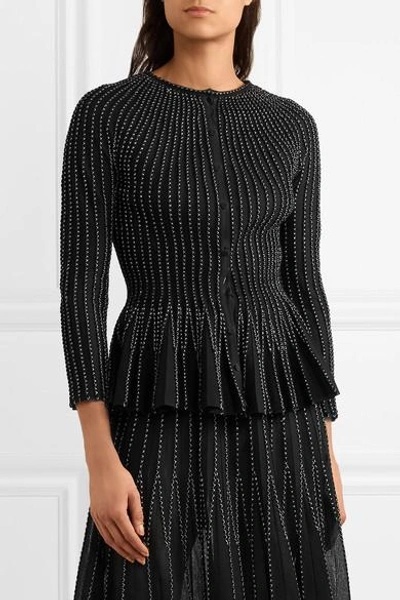 Shop Alexander Mcqueen Pleated Metallic Silk-blend Peplum Cardigan