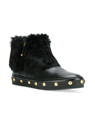 Shop Baldinini Studded Fur Ankle Boots In Black