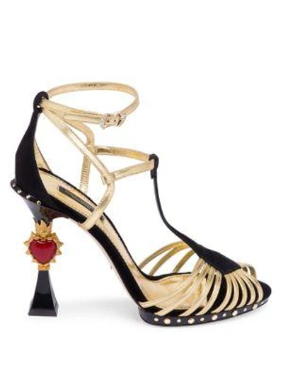 Shop Dolce & Gabbana Leather T-strap Pumps In Black Gold