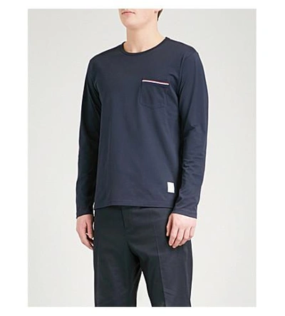 Shop Thom Browne Striped-pocket Cotton-jersey T-shirt In Navy