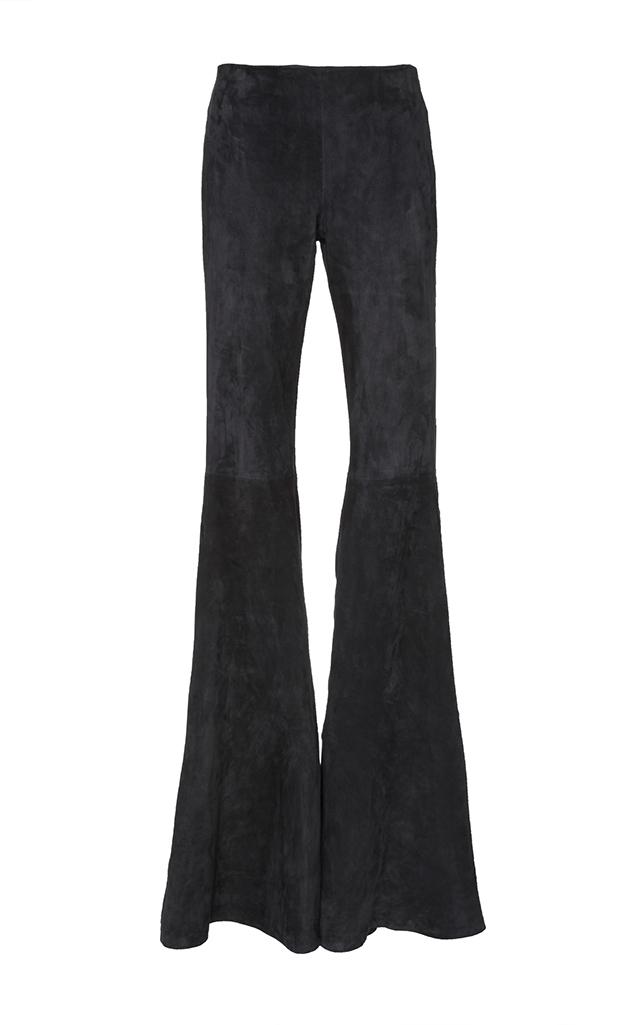 Brandon Maxwell Suede Low Rise Flare Leg Pant In Navy | ModeSens