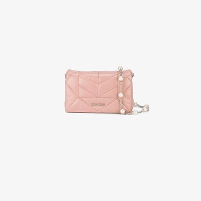 Shop Miu Miu Mini Pink Quilted Leather Pearl Strap Bag In Pink & Purple