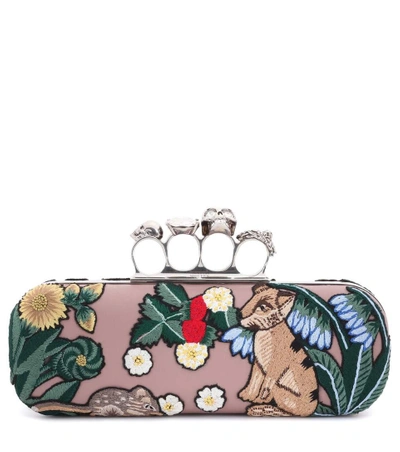 Shop Alexander Mcqueen Embroidered Leather Knuckle Clutch In Aetique Rose
