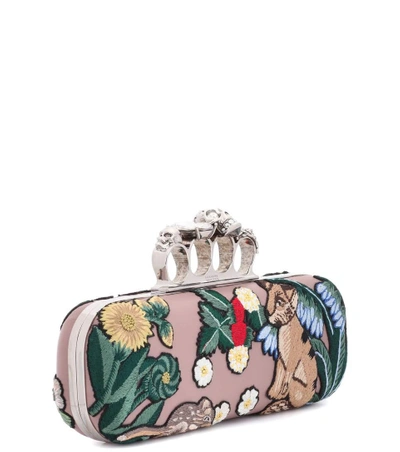 Shop Alexander Mcqueen Embroidered Leather Knuckle Clutch In Aetique Rose