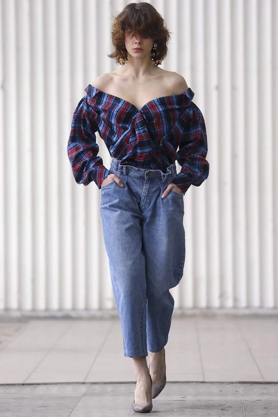 Shop Anna October Off-the-shoulder Plaid Top In Multicoloured