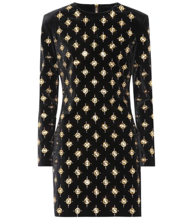 Shop Balmain Embellished Velvet Dress In Black