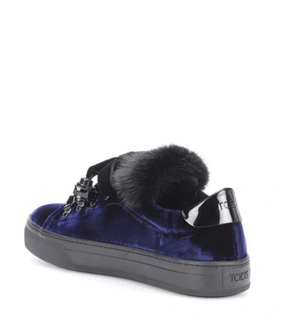 Shop Tod's Fur-trimmed Velvet Sneakers In Blue