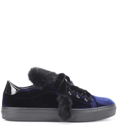 Shop Tod's Fur-trimmed Velvet Sneakers In Blue