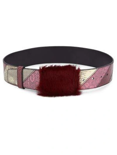 Shop Prada Lizardskin Belt With Fur Detail In Cherry Red