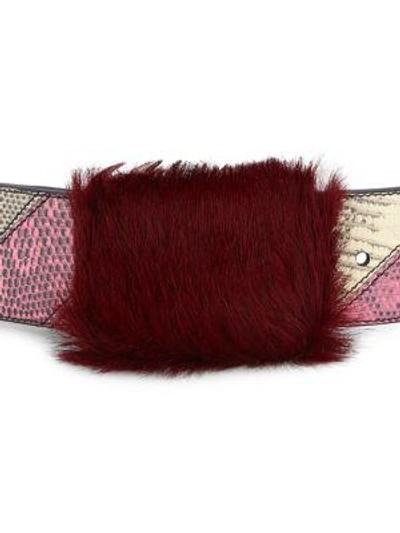 Shop Prada Lizardskin Belt With Fur Detail In Cherry Red