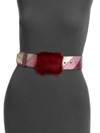 Shop Prada Lizardskin Belt With Fur Detail In Cherry Red
