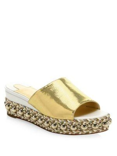 Shop Christian Louboutin Janibasse Metallic Leather Wedge Sandals In Latte Gold