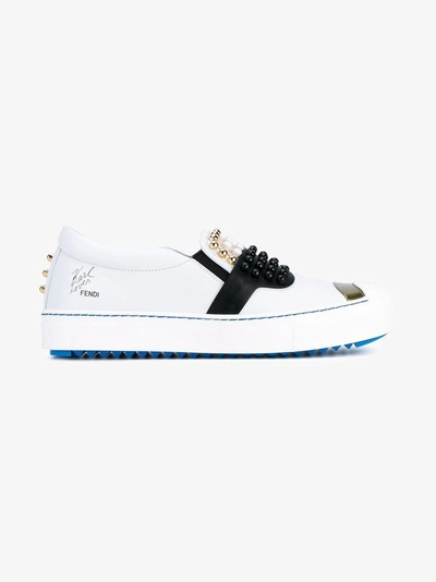 Shop Fendi White Karlito Slip On Leather Sneakers