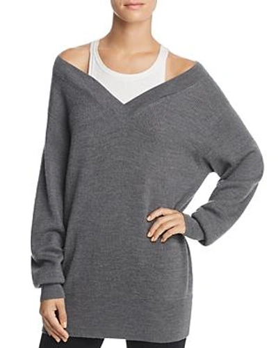Shop Alexander Wang T T By Alexander Wang Layered Off-the-shoulder Sweater In Grey With White Combo