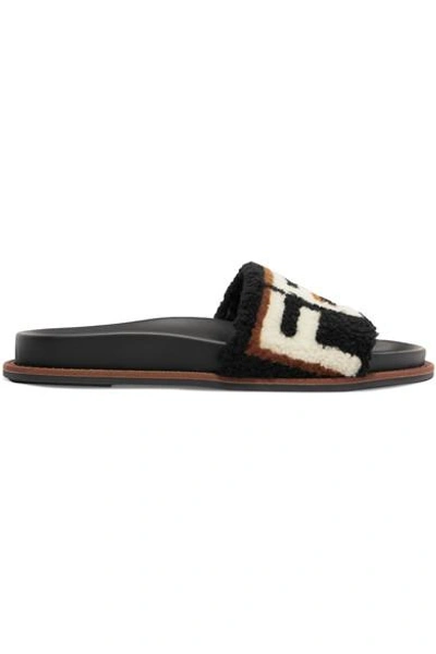 Shop Fendi Logo-print Shearling Slides In Black