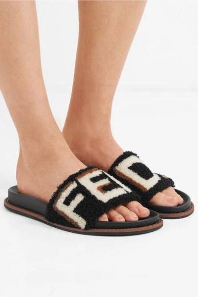 Shop Fendi Logo-print Shearling Slides In Black