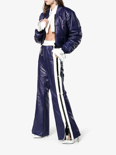 Shop Off-white High Waisted Flared Leather Track Pants In Blue