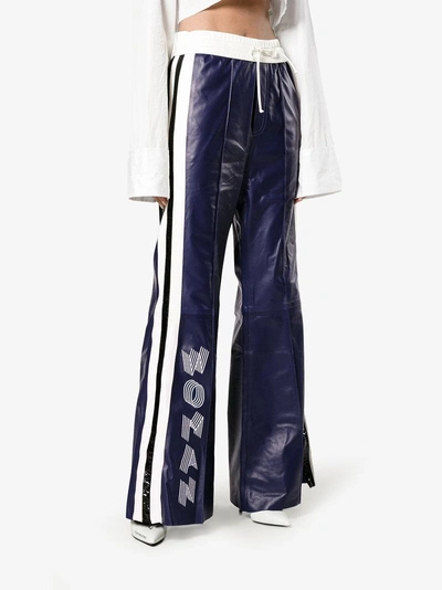 Shop Off-white High Waisted Flared Leather Track Pants In Blue