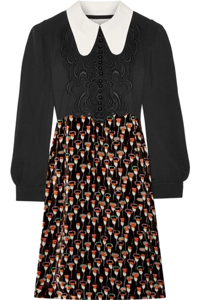 Shop Chloé Embroidered Cady And Printed Velvet Mini Dress In Black