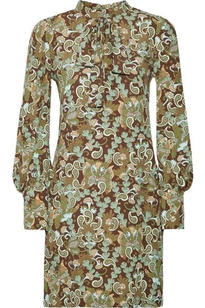 Shop Chloé Pussy-bow Printed Crepe Mini Dress In Mint