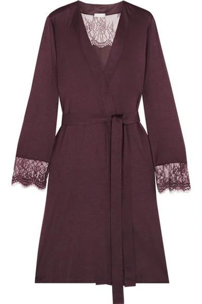 Shop Hanro Estelle Lace-paneled Modal And Silk-blend Jersey Robe In Burgundy