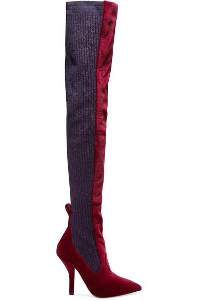 Shop Fendi Rockoko Velvet And Metallic Ribbed-knit Thigh Boots In Burgundy