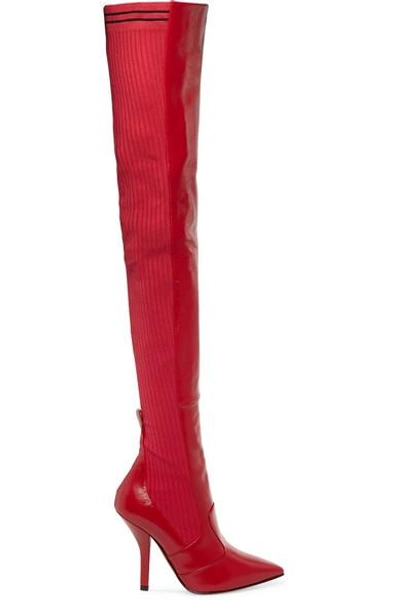 Shop Fendi Rockoko Leather And Ribbed-knit Thigh Boots In Red